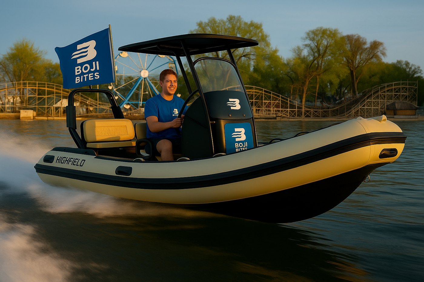 The Boji Bites Highfield RIB running past the Arnolds Park roller coaster with the Boji Bites flag flying