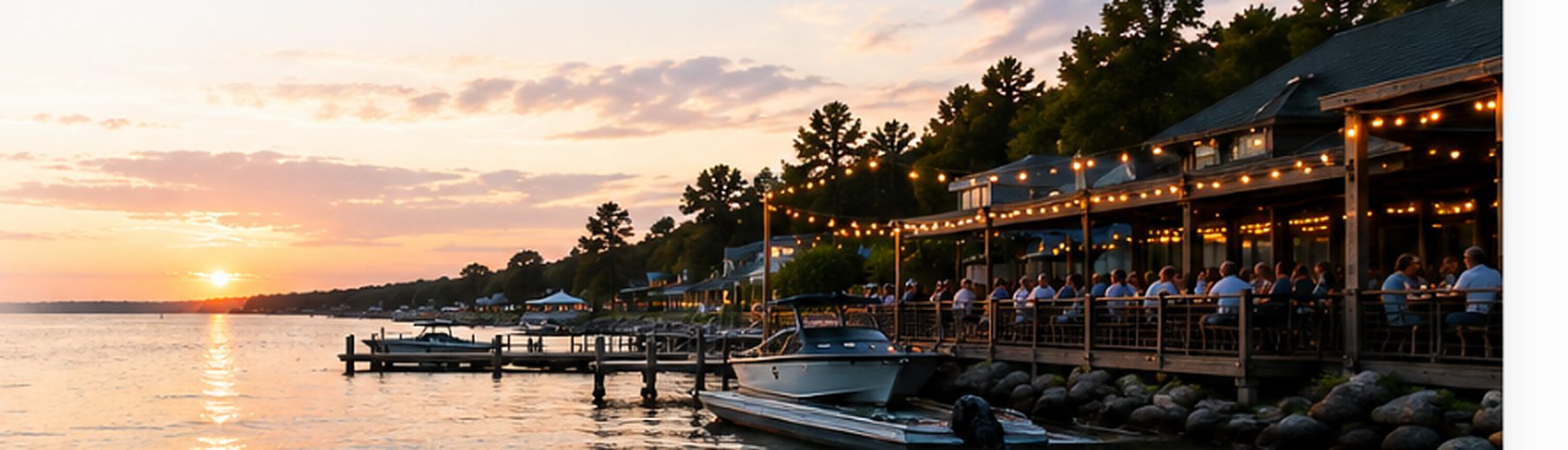 Sunset over West Okoboji with lakefront dining under string lights (concept imagery)