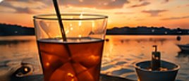 Cocktails on a rooftop patio at dusk